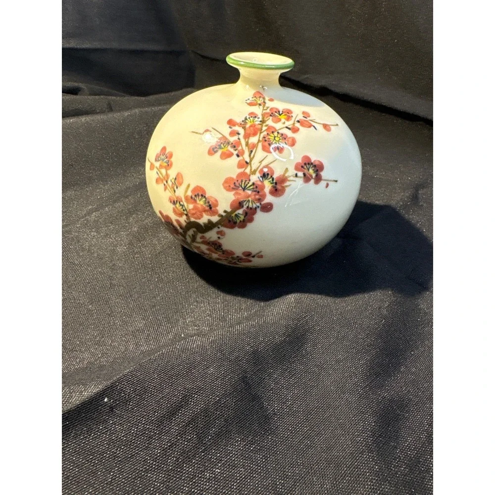 Vintage Asian Ceramic Vase Cherry‎ Blossom Calligraphy Hand Painted Decorative